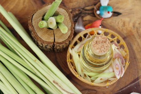 Lemongrass essential oil with fresh slice lemongrassの写真素材