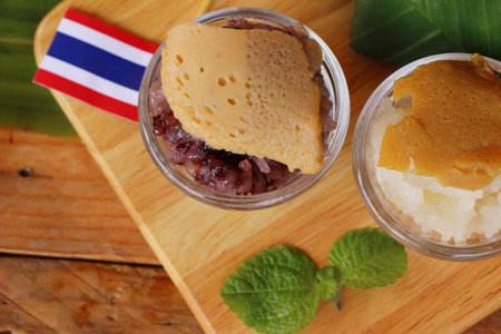 Sticky rice with custard , mixed pages ,Thai dessert
