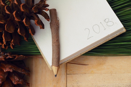 Pine cones and notepad on wood backgroundの写真素材