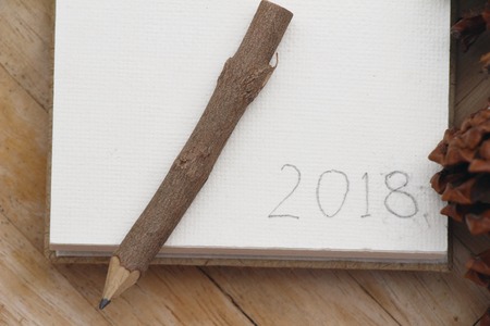 Pine cones and notepad on wood backgroundの写真素材