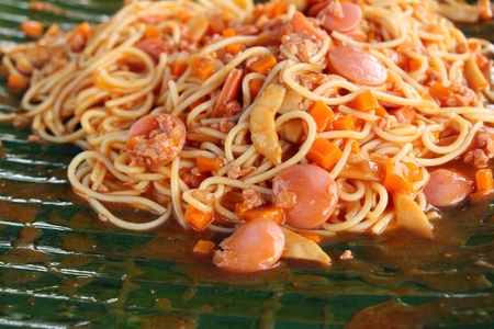 Spaghetti with pork and vegetables is deliciousの写真素材
