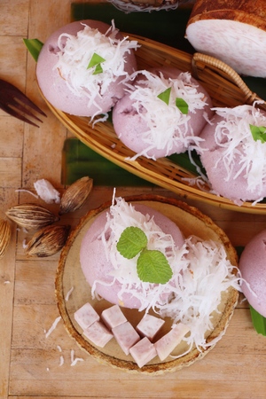 Steamed sweet taro cake with coconut deliciousの写真素材
