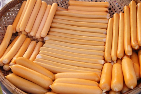 sausages steamed in the marketの写真素材