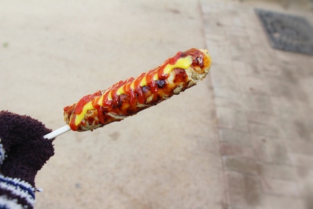 Roasted sausage with mustard ,tomato sauce deliciousの写真素材