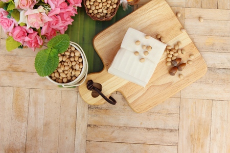 Tofu and soybean seed on wood backgroundの写真素材