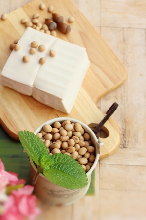 Tofu and soybean seed on wood backgroundの写真素材