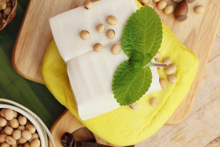 Tofu and soybean seed on wood backgroundの写真素材