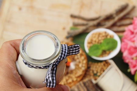 Soy bean milk is delicious with soybean seedの写真素材