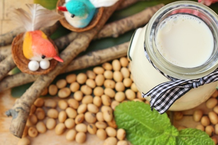 Soy bean milk is delicious with soybean seedの写真素材
