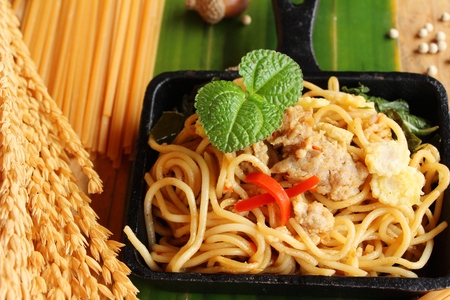 Stir fried spicy spaghetti with pork deliciousの写真素材