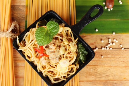 Stir fried spicy spaghetti with pork deliciousの写真素材