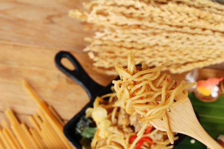 Stir fried spicy spaghetti with pork deliciousの写真素材