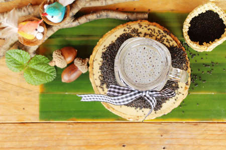 Sweet basil seed drink in glass deliciousの写真素材