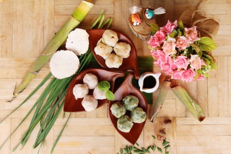 Steamed dumpling stuffed with garlic chives ,taro,bamboo shootの写真素材