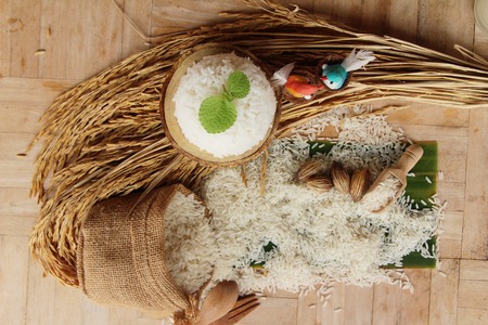 cooked jasmine rice and raw organic riceの写真素材