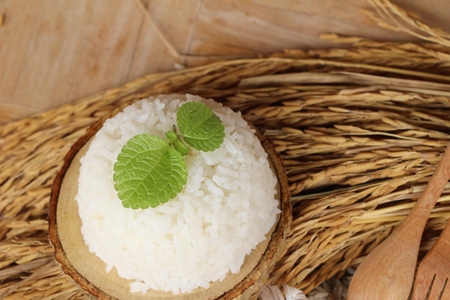 cooked jasmine rice and raw organic riceの写真素材