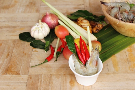 Fresh shrimp and vegetable for spicy soupの写真素材