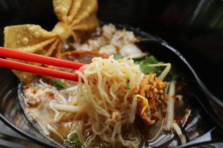Pork noodle with vegetable and soup delicious