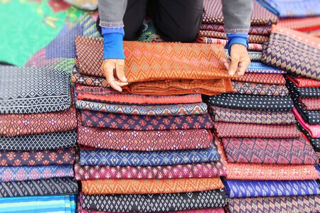 Thai striped fabric beauty at street shopの写真素材
