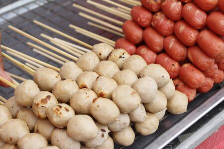 grilled sausage and meatball at street foodの写真素材