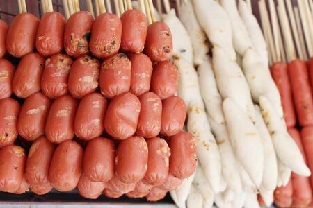 grilled sausage and meatball at street foodの写真素材
