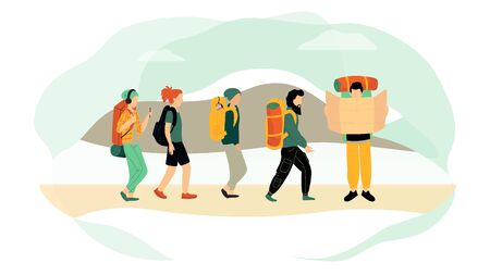 Cartoon characters hiking people backpacking vector illustrationのイラスト素材