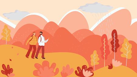Couple hiking in autumn mountains, vector illustrationのイラスト素材