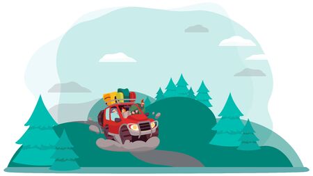 Road trip adventures in nature, vector illustration. Car with baggage driving through forested hills, cartoon style. Extreme journey, fun vacation adventure, family driving car in natureのイラスト素材