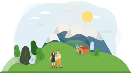 Young couple in nature, cartoon characters vector illustration. Boyfriend and girlfriend together in mountains, romantic vacation in nature. Couple hiking outdoors, summer holidays in mountainsのイラスト素材