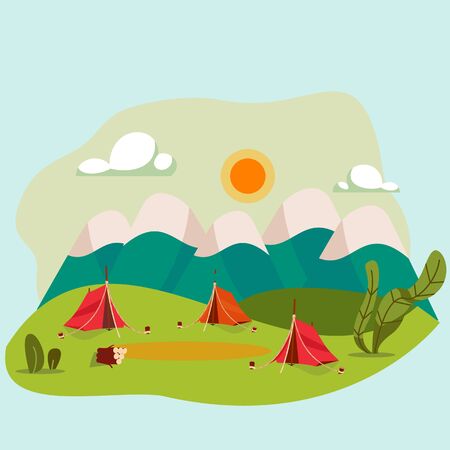 Camping in nature, outdoor landscape vector illustration. Campsite in mountains, summer holiday journey, active recreation. Campground with tents in flat cartoon style, summer nature, mountain meadowのイラスト素材