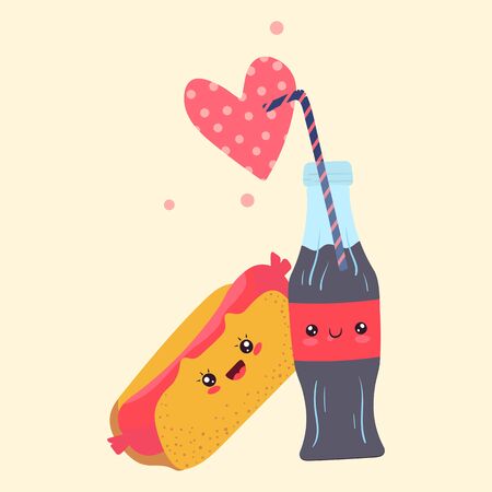 Kawaii fast food couple hotdog and cola, vector illustration. Cute cartoon characters in love, friendship of snack and drink. Smiling hot dog with bottle of cola beverage, street food romantic cardのイラスト素材