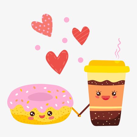 Romantic cartoon characters donut and coffee, vector illustration. Cute mascot, bakery breakfast offer, cafe menu in childish style. Sweet doughnut with cup of coffee, love couple holding handsのイラスト素材