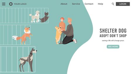 People adopting dog from animal shelter, vector illustration. Happy cartoon characters playing with cute puppy, people choose pet in dog shelter. Animal care center website design, landing pageのイラスト素材