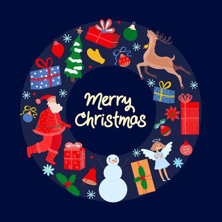 Christmas symbols and New Year decoration icons, vector illustration. Winter holiday season, merry Christmas greeting card template, typography text. Santa Claus, snowman, deer, angel and Xmas presentのイラスト素材