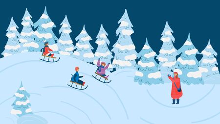 Children sledding in winter forest, fun outdoor activity vector illustration. Cartoon characters having fun, happy kids riding sledges, enjoying Christmas holidays winter. Family mother and childrenのイラスト素材