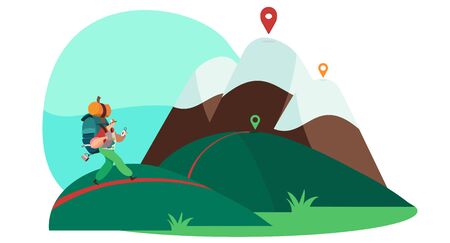 Tourist cartoon character hiking in mountains, vector illustration. Backpacking in nature, active lifestyle. Traveling man on route to mountain, hiking with map and compass, explore natureのイラスト素材