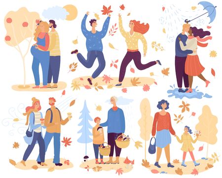 People in autumn park vector happy man woman and kid character walking in love picking leaves mushrooms outdoor. Illustration set of kissing and jumping couple in the fall isolated on white background.のイラスト素材
