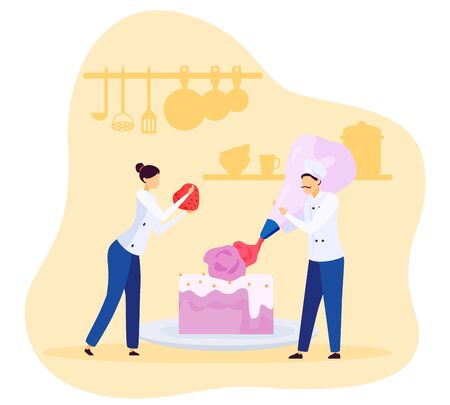 Bakery chef people decorating cake with cream and strawberry, vector illustration. Tiny man and woman cooking huge dessert for cafe, slice of sweet cake. Bakery kitchen process, restaurant cook in uniformのイラスト素材
