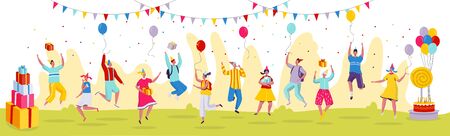 People jumping at birthday party celebration, vector illustration. Funny cartoon characters in modern flat style, birthday presents. Happy people jumping and having fun, many different men and womenのイラスト素材
