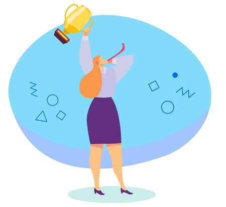 Successful woman with trophy cup, award winner champion, vector illustration. Businesswoman holding golden prize, celebrating victory. Win competition, business career success. Best achievement awardのイラスト素材