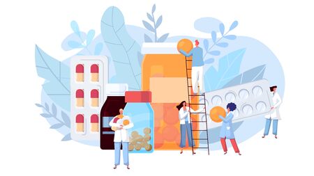 Laboratory coronavirus antivirus vaccine antiviral biology research doctors people concept vector illustration. Drugs and pills in blister pack, vitamins and capsules prescription.のイラスト素材