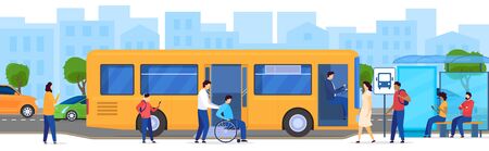 People at bus stop, disabled passenger in wheelchair, vector illustration. Men and women waiting for bus, modern public transportation in big city. Passengers cartoon characters, transport accessのイラスト素材