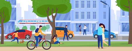 People on city streets, skyscrapers and traffic, urban lifestyle vector illustration. Modern life in metropolis, men and women walking on sidewalk, riding bicycle and driving car. Big city street sceneのイラスト素材