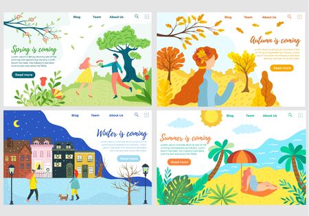 Website design for all four seasons weather, vector illustration. Falling leaves autumn, snowy winter town, spring flowers and summer beach vacation. People outdoor in different weather and time of yearのイラスト素材