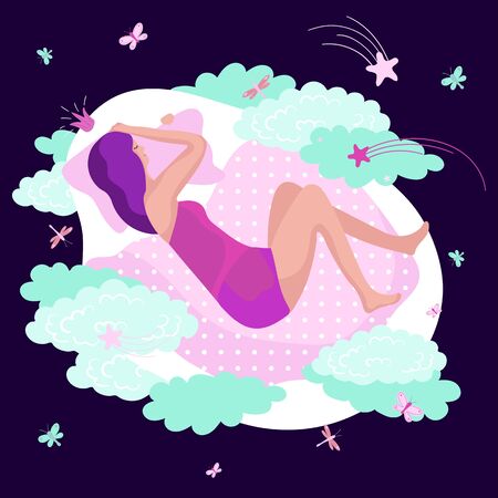 Woman sleeping and dreaming, bedtime concept, vector illustrationのイラスト素材