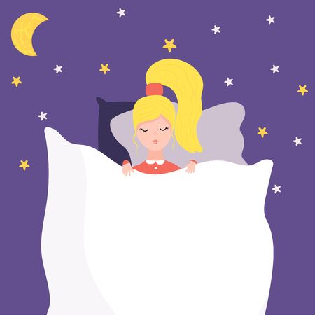 Woman sleeping in bed, night dream, stars and moon, vector illustrationのイラスト素材