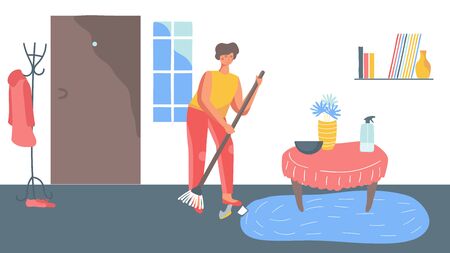 Woman sweeping floor at home, cleaning household routine, vector illustrationのイラスト素材