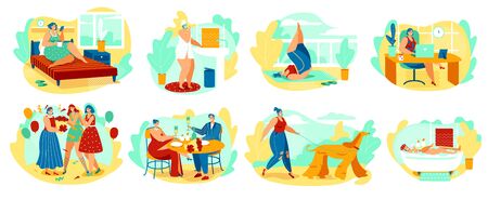 Daily routine of woman hand draw character vector illustration. One day of life average woman, morning hygiene, work office, romantic date and spend time with friends. Scenes from everyday girls lifeのイラスト素材