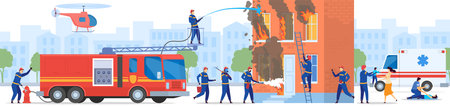 Firefighter team rescue people from burning house, vector illustration. Firemen cartoon characters...