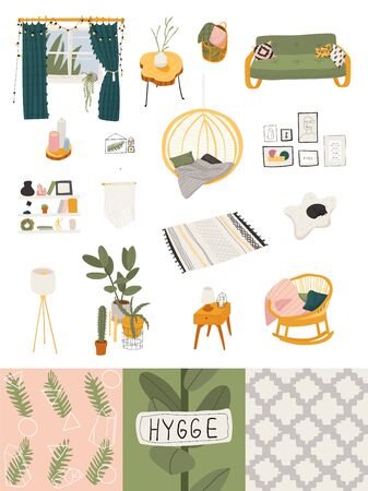 Set of isolated icons in hygge style, cozy Scandinavian home interior, vector illustrationのイラスト素材